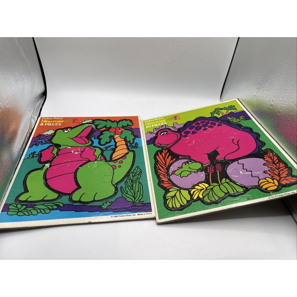 Lot of 2 Vtg. 1993 Fisher Price Dino Roar Wooden Puzzles Preown Toy Replacement